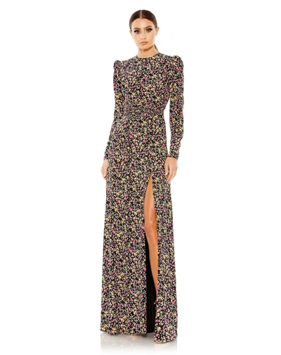 Mac Duggal Women's Puff-sleeve Floor-length Gown In Black Multi