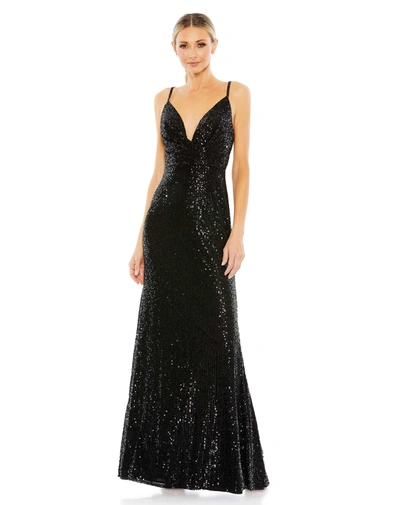 Ieena For Mac Duggal Sequined Draped V Neck Gown In Black