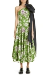Erdem Johanne Jeweled Floral Print One-shoulder Midi Dress With Bow In Kiwi