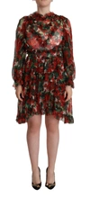 Dolce & Gabbana Multicolor Ruffle Floral Long Sleeves Dress In Red