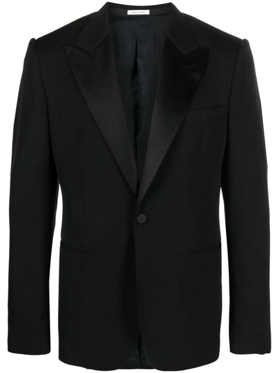 Alexander Mcqueen Silk Lapels Blazer In Nero