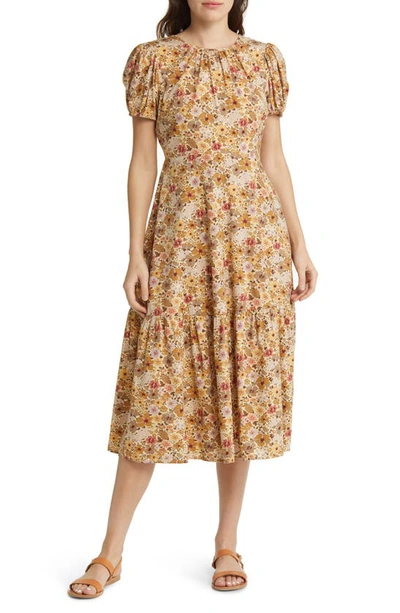 Madewell Libby Floral Print Puff Sleeve Midi Dress In Brown
