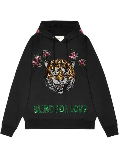 Gucci Hooded Embroidered Cotton Sweatshirt, Black