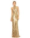 Mac Duggal Open Back High Neck Sequin Gown In Gold Nude