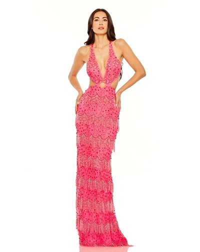 Mac Duggal Open Back Cut Out Fringe Embellished Gown In Pink