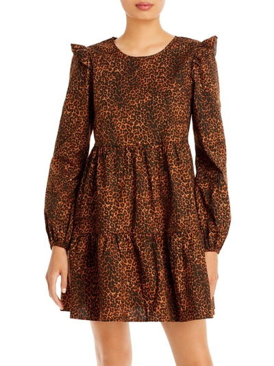 Wayf Velma Womens Animal Print Ruffle Babydoll Dress In Brown
