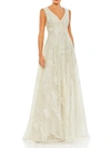 Mac Duggal Floral Embroidered Sleeveless Evening Gown In White