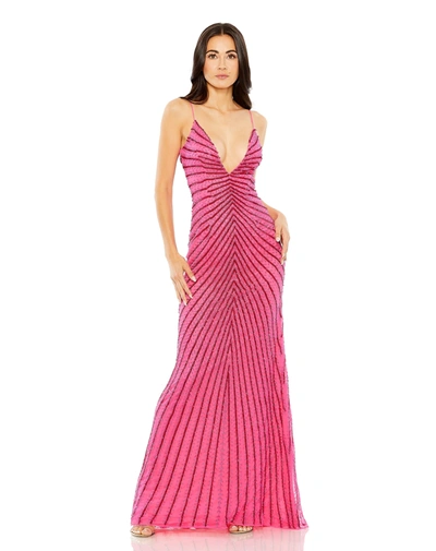 Mac Duggal Beaded Detail Low Back Gown In Hot Pink Ombre