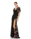 MAC DUGGAL FAUX WRAP MULTI COLORED BEADED FLORAL GOWN