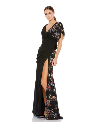 Mac Duggal Faux Wrap Multi Colored Beaded Floral Gown In Black Multi