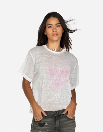Lauren Moshi Linnea Pink Peace Love Skull In White Burnout