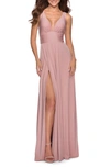 LA FEMME PLUNGE NECK A-LINE GOWN