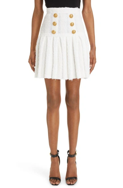 Balmain Six-button Pleated Tweed Knit Skirt In White