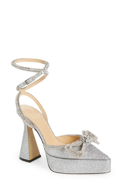 Mach&mach Double Bow Glittered Platform Pumps In Silver