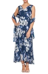 ALEX EVENINGS FLORAL COWL NECK A-LINE DRESS WITH SHAWL