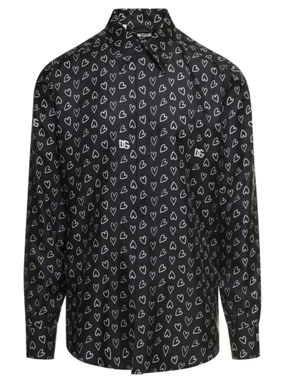 Dolce & Gabbana Heart-print Silk Shirt In Black