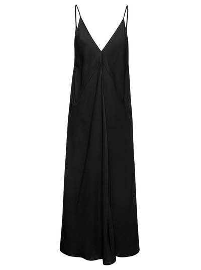 Jil Sander Black Calf Lenght V-neck Slip Dress, With Full Skirt And Diagonal Cut, In Viscose Woman In Ganache