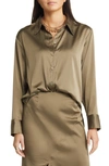Open Edit Satin Button-up Shirt In Olive Dusk