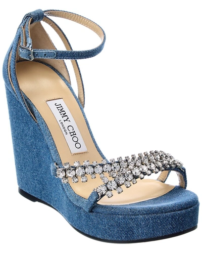 Jimmy Choo Bing 120mm Denim Wedge Sandals In Blue