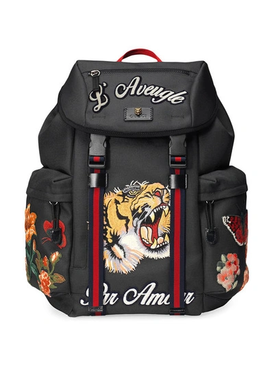 Gucci Black Tiger Embroidered Backpack