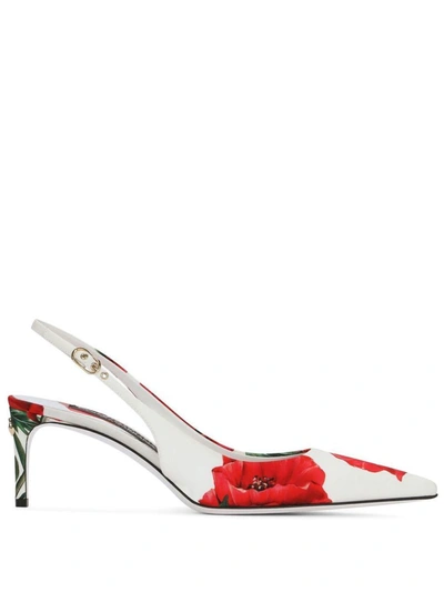 Dolce & Gabbana Floral Cotton Slingback Pumps In White