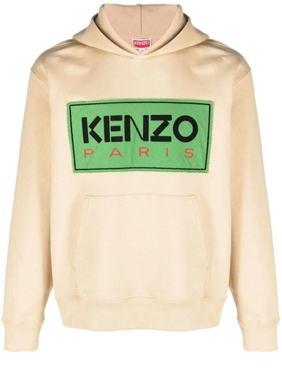Kenzo Logo-patch Stretch-cotton Hoodie In Beige