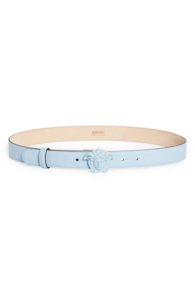 Versace Medusa Leather Belt In Ice Blue/ Palladium