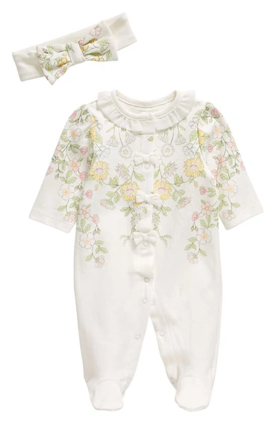 Little Me Babies' Floral Print Cotton Footie & Headband Set In White