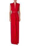 AKRIS BELTED CASCADE DETAIL CREPE GOWN