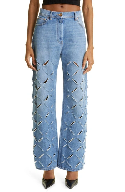 Versace Laser-cut Checkered Denim Pants In Blue