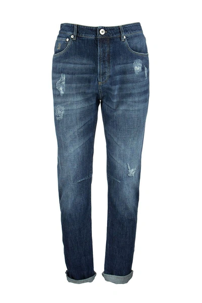 BRUNELLO CUCINELLI BRUNELLO CUCINELLI FIVE-POCKET LEISURE FIT TROUSERS IN OLD DENIM WITH RIPS