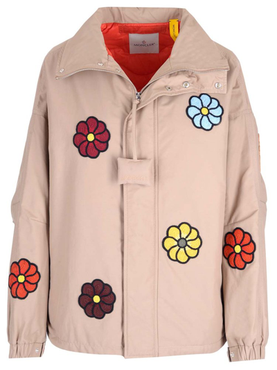 Moncler Genius Delamont Windbreaker Jacket With Floral Embroidery In Neutrals