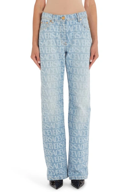 Versace Logo-print Straight-leg Denim Pants In Blue