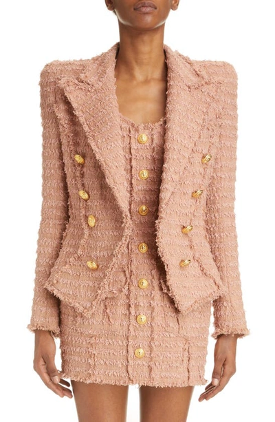 Balmain Tweed Double Breasted Closure Jacket In Pink