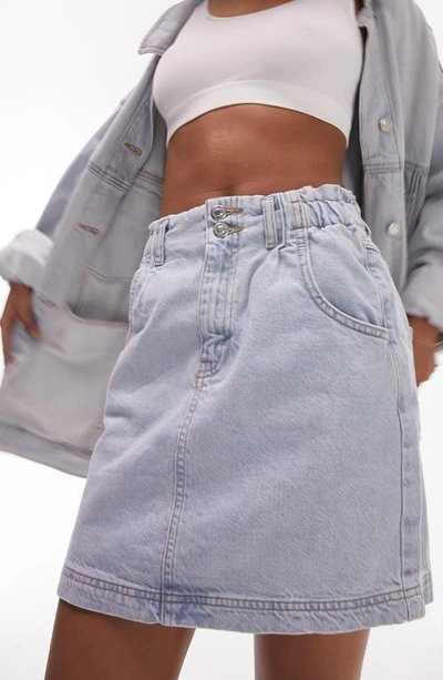 Topshop Paperbag Denim Skirt In Bleach-blues