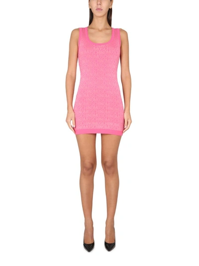 Moschino Wool Knit Jacquard Logo Mini Dress In Pink