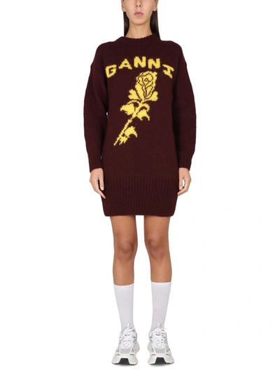 Ganni Embroidered Logo Wool Long Sweater In Red