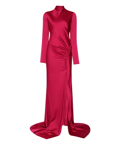 Lapointe Satin Bias Feather Tab Gown With Slit In Cerise