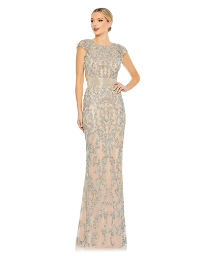 Mac Duggal Embellished Cut Out Lace Up Cap Sleeve Gown In Nude Multi