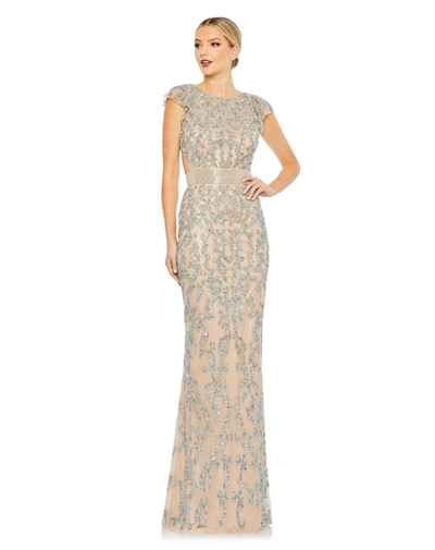 MAC DUGGAL BEIGE DAMASK SEQUIN EMBELLISHED OPEN BACK LACE UP CAP SLEEVE GOWN