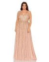 Mac Duggal Sequined Striped Sleeveless V Neck A Line Gown (plus) In Apricot