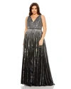 Mac Duggal Sequined Striped Sleeveless V Neck A Line Gown (plus) In Black Silver