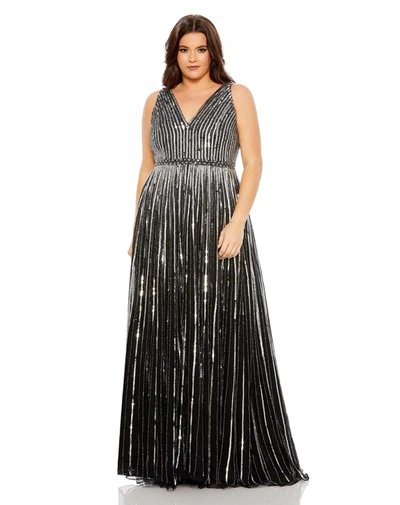 Mac Duggal Sequined Striped Sleeveless V Neck A Line Gown (plus) In Black Silver
