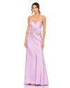 Mac Duggal Rhinestone Bow Cami Draped Trumpet Gown In Lilac