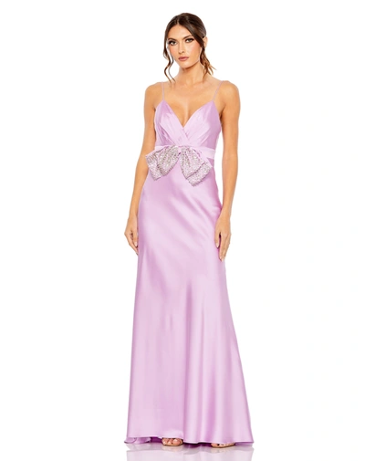 Mac Duggal Rhinestone Bow Cami Draped Trumpet Gown In Lilac