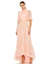 Mac Duggal Ruffled High Neck Flutter Sleeve Hi-lo Gown In Blush