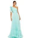 Mac Duggal Tiered One Shoulder Ruched Gown In Aqua