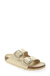 Birkenstock Arizona Big Buckle Slide Sandal In High Shine Butter/silver