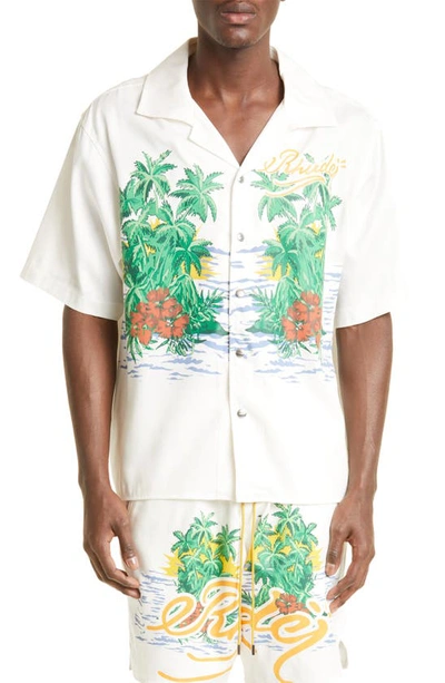 Rhude Palmas Short-sleeve Snap-up Camp Shirt In White