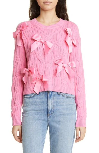 Alice And Olivia Beau Relaxed Fit Bow Detail Cable Sweater In Pink